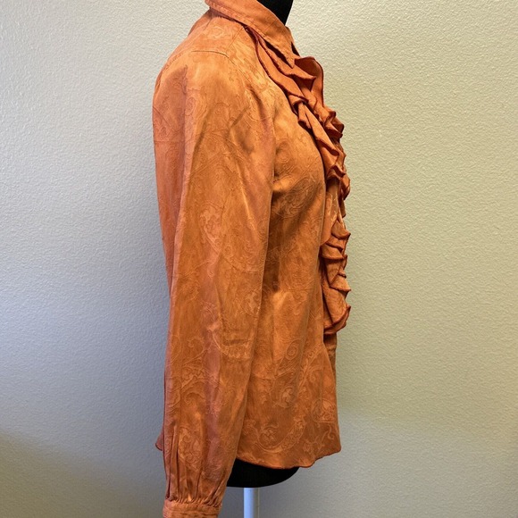 Ryan Michael Small Western Silk Cotton Orange Long Sleeve Ruffle Blouse Top - Picture 7 of 13